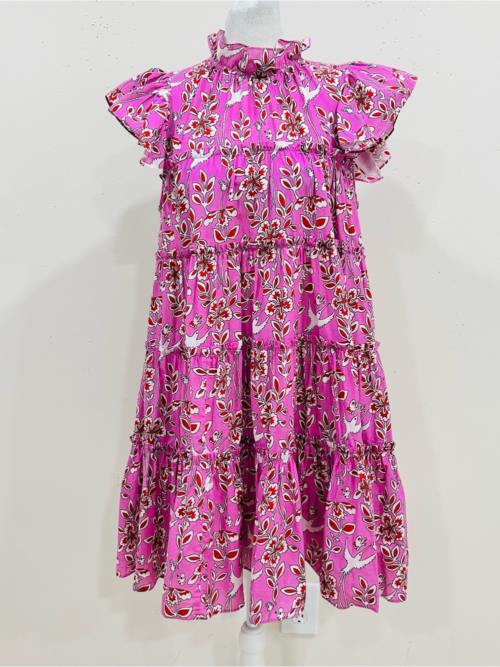 RHODE Dotty Tiered‎ Mini Dress Pink Eden Floral Bird Print Ruffle Neck Size M